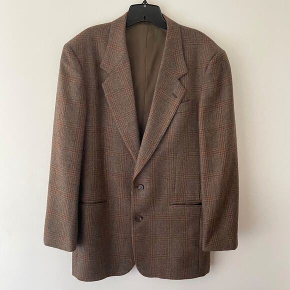 Vintage Wool Plaid Blazer Jacket 50L Brown Check Classic Old Money Preppy - Picture 1 of 12